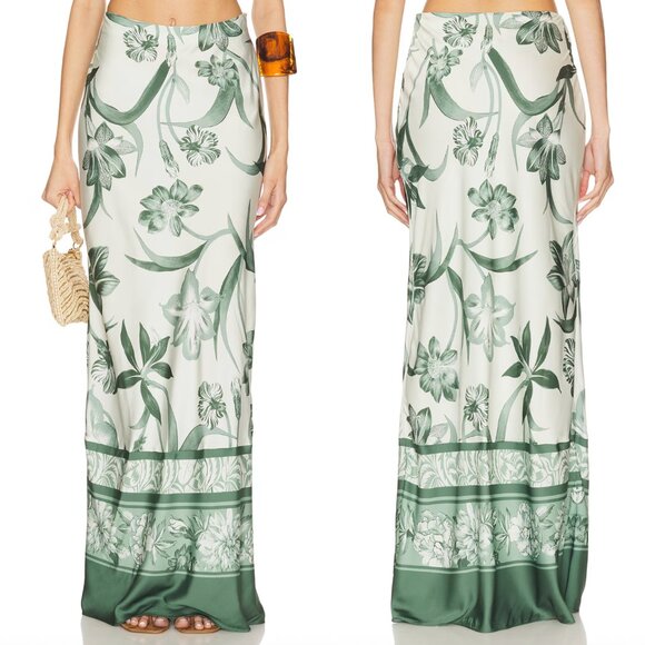 ROCOCO SAND Maxi Skirt in Sage Green White Pattern Satin XS - Picture 1 of 2